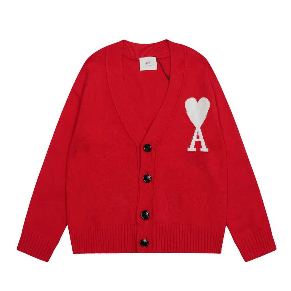 AMI Paris Oversized Red Unisex White Heart Cardigan